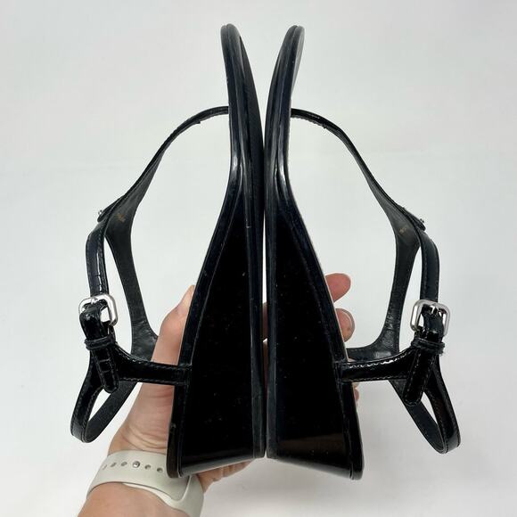 Prada Thong Wedge Sandals Triangle Logo Leather T-Strap Slingback Black EU 37.5 - Picture 9 of 13